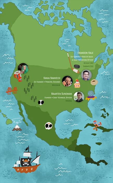 Illustrated map of the ACinch team across North America