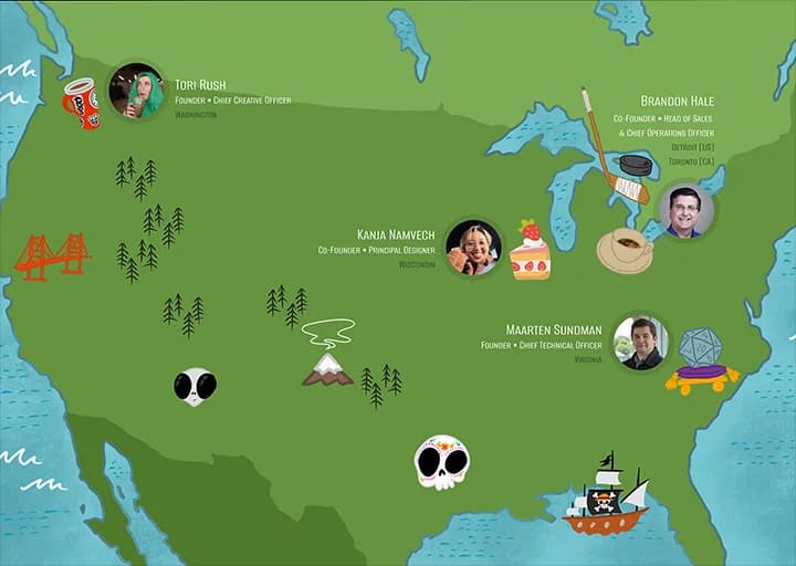 Illustrated map of the ACinch team across North America