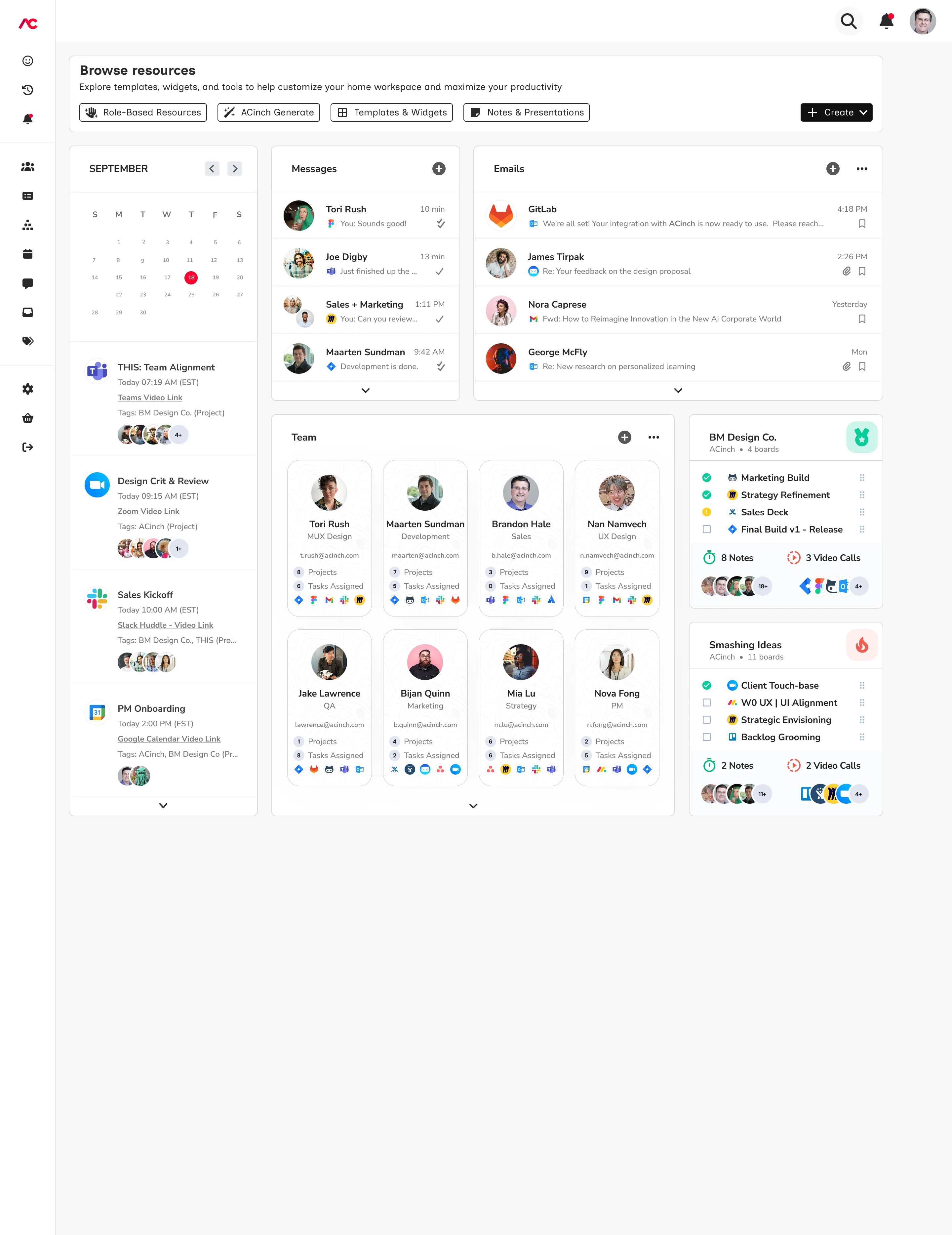 ACinch Dashboard - Your unified workspace with calendar, messages, team directory, and project boards