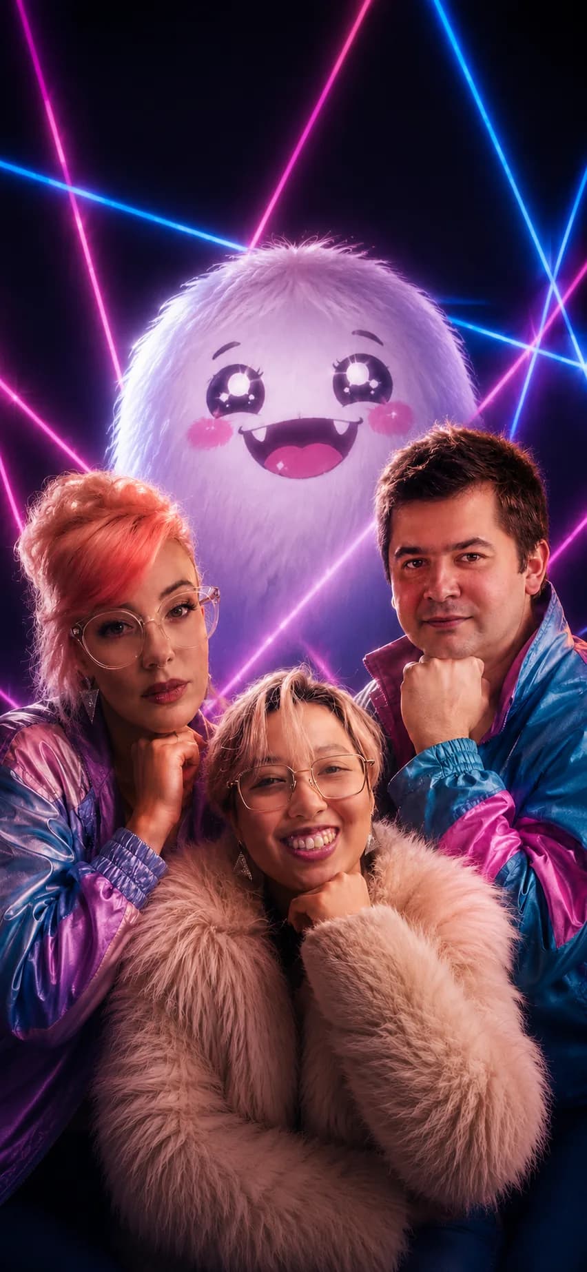 The ACinch founding team posing with the ACinch yeti mascot under retro neon lasers