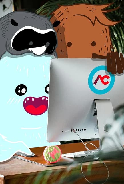 The ACinch founding team posing with the ACinch yeti mascot under retro neon lasers