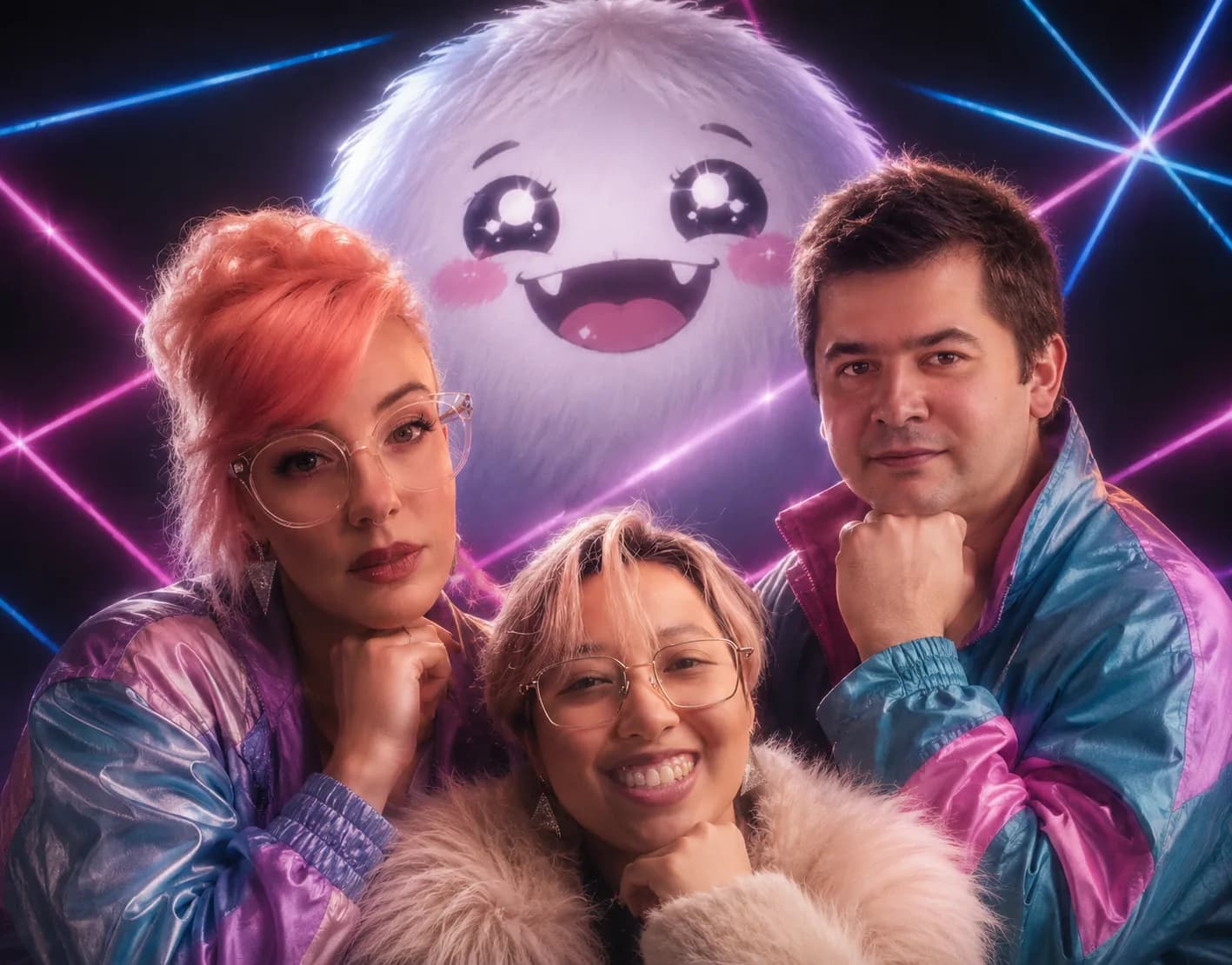The ACinch founding team posing with the ACinch yeti mascot under retro neon lasers