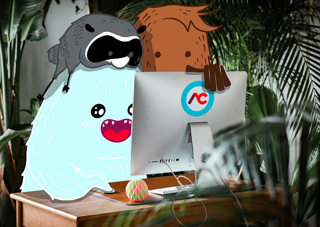 The ACinch founding team posing with the ACinch yeti mascot under retro neon lasers