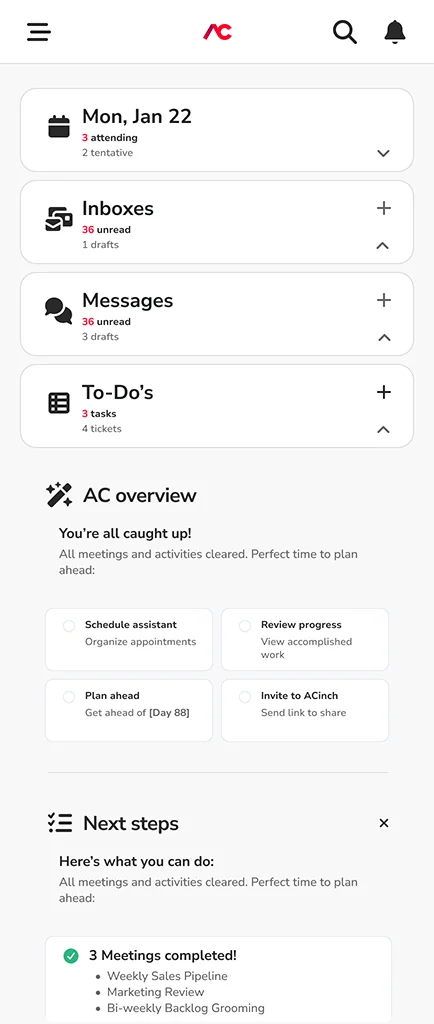 ACinch unified dashboard showing calendar, inboxes, messages, to-dos and AI overview
