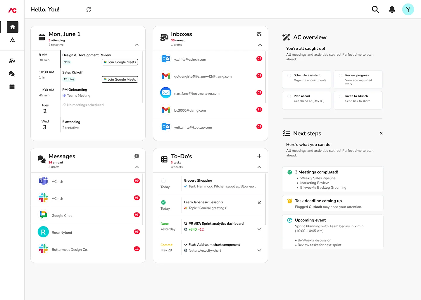 ACinch unified dashboard showing calendar, inboxes, messages, to-dos and AI overview